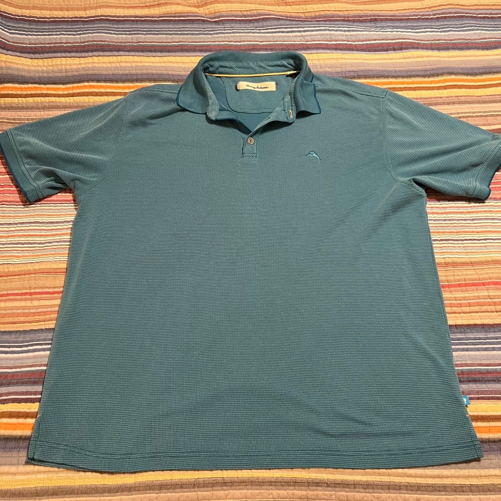 Tommy‎ Bahama Mens XL Textured Golf Polo Shirt Teal Short Sleeve Dolphin Logo